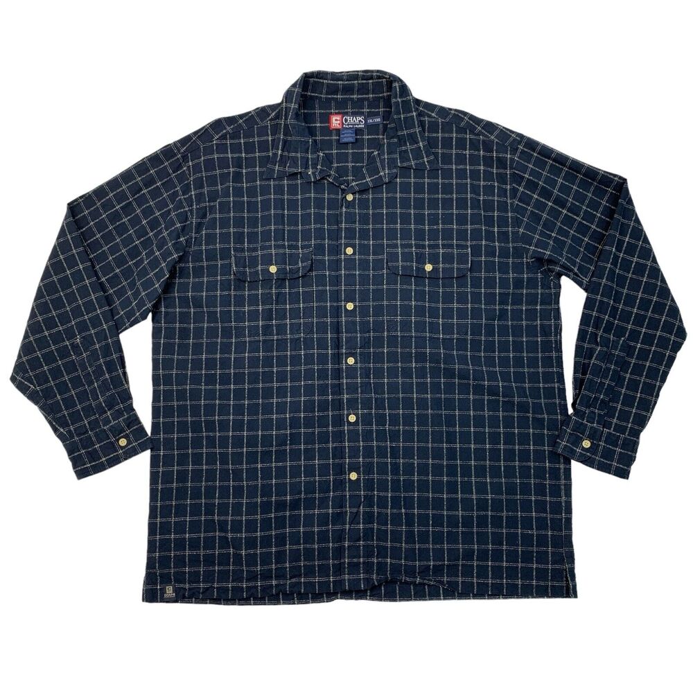 Vintage Chaps Ralph Lauren Shirt Mens XXL 2XL Navy Button Up Long Sleeve Plaid